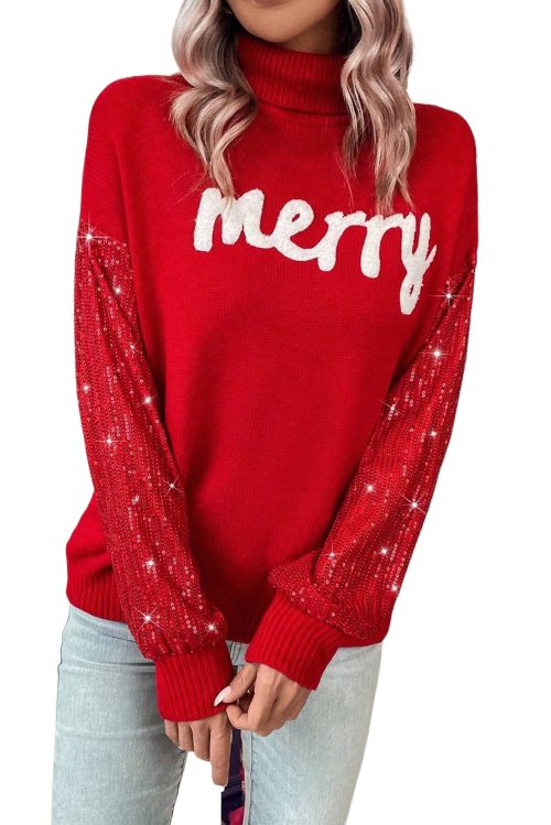 Women's Racing Red Merry Graphic Christmas Turtleneck Sweater with Sequin Sleeves