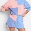 Women's Sky Blue Colorblock Patchwork Long Sleeve Shorts Outfit Set - Image 2