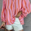 Women's Orange Stripe Crinkled Ruffled Sleeve Loose Button Up Shirt - Image 5