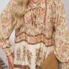 Women's Yellow Floral Print Tie Neck Blouse with Lantern Sleeves - Image 7