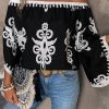 Women's Black Tribal Printed Off Shoulder Blouse with Loose Sleeves - Image 2