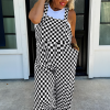 Women's Black Checkered Print Wide Leg Jumpsuit with Pockets - Image 5