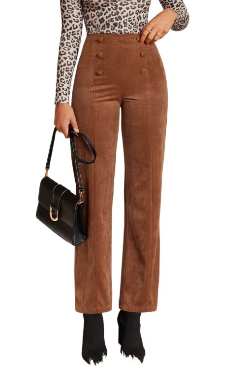 Women's Chestnut Solid Color Double Breasted High Waist Straight Leg Pants