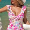 Women's Pink Floral Ruffle Trim V Neck Lace-up Back Tummy Control One Piece Swimsuit - Image 7