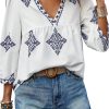 Women's White Boho Geometric Print V Neck Blouse with Bracelet Sleeves - Image 2