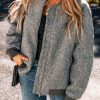 Women's Medium Grey Fuzzy Pocketed Sleeve Zip Up Jacket - Image 6