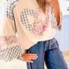 Women's Beige Plaid Floral Peace Heart Graphic Long Sleeve Top - Image 2