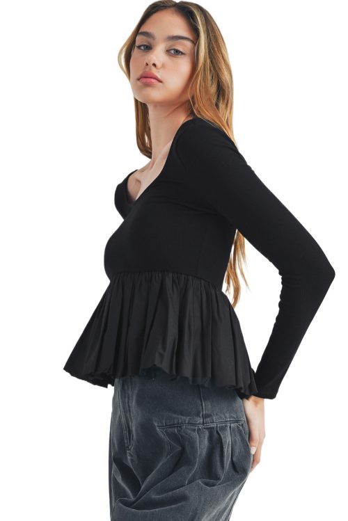 Women's Elegant Black Ribbed Knit Long Sleeve Scoop Neck Peplum Top