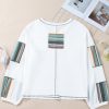 Women's White Striped Patchwork Exposed Seam Waffle Knit Long Sleeve Top - Image 6