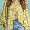 Women's Green Boho Floral Print Frilly Detail Puff Sleeve Shirt - Image 2