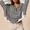 Women's Black and White Oversized Striped Henley Hooded Top with Dolman Sleeves - Image 3