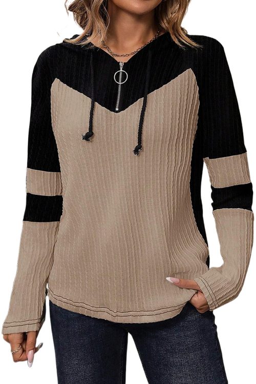 Women's Parchment Textured Colorblock Long Sleeve Quarter Zip Hooded Top