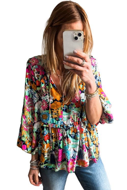 Women's Multicolour Floral Print Bubble Sleeve Ruffled V Neck Blouse