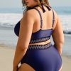 Plus Size Navy Blue Embroidered Trim Wrap Tie Knot High Waisted Bikini - Image 2