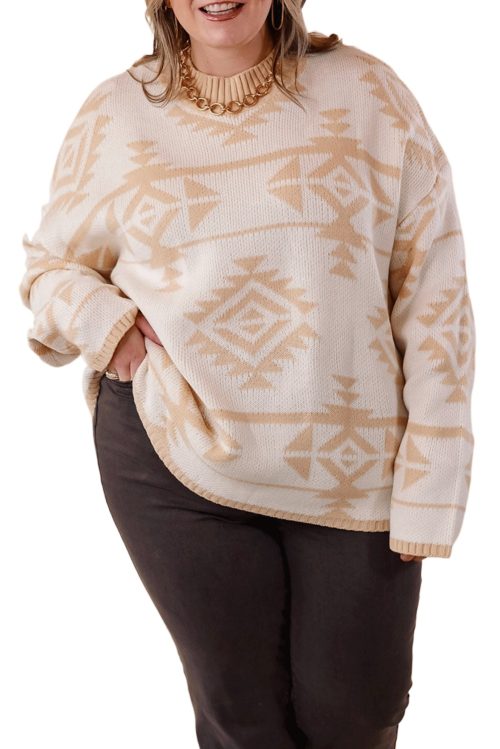 Plus Size Aztec Print Loose Sweater - Apricot Color