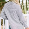 Women's Oversized Smocked Cuffed Striped Boyfriend Shirt with Pocket - Image 2