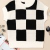 Women's Black Checkered Color Block Crew Neck Short Sleeve Sweater - Image 4