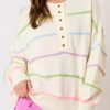 Women's White Rainbow Stripes Drop Shoulder Baggy Henley Sweater - Image 5