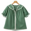 Women's Mist Green Ric Rac Trim Tie Split Neck Blouse - Trendy Short Sleeve Top - Image 12