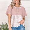 Women's Pink Waffle Floral Patchwork Short Sleeve Top with Exposed Seam Detail - Image 10