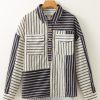 Women's Black Stripe 2-Tone Patchwork Blouse with Half Buttons and Chest Pockets - Image 3