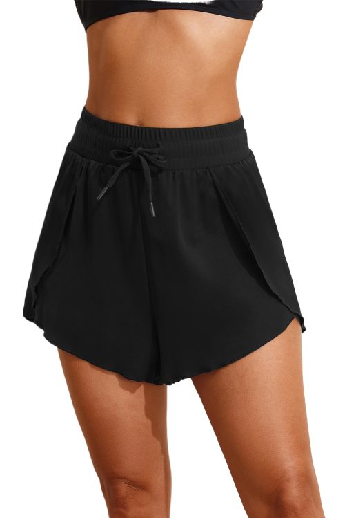 Women's Black High Waisted Drawstring 2-in-1 Color Block Bikini Shorts with Side Pocket