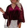 Women's Red Velvet Top with Sequin Patchwork Sleeves - Button Up Style - Image 16