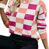 Women's Pink Checkered Ribbed Edge O Neck Drop Shoulder Sweater - Image 5