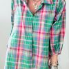 Women's Green Plaid 3/4 Sleeve Collared Loose Fit Shirt - Image 9