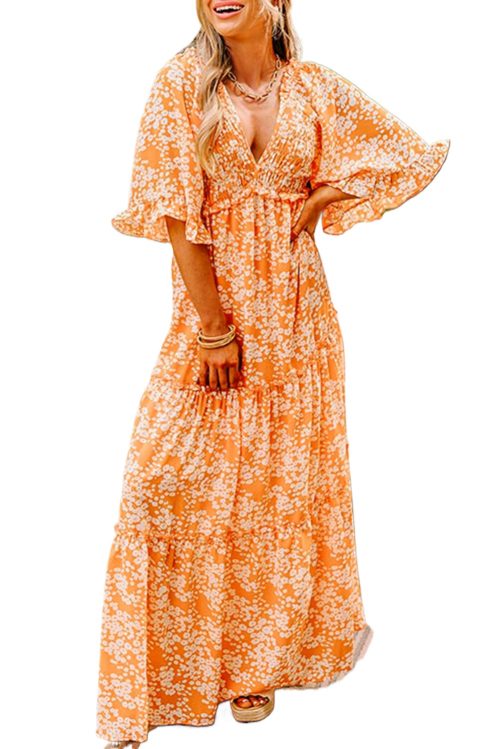 Women's Orange Floral Print Smocked V Neck Wide Sleeve Maxi Dress for Summer