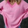 Women's Pink Striped Scallop V Neck Loose Sweater with Side Slits - Image 6