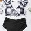 Plus Size Black Stripe 2-Piece Knot Cutout Ruffle Sleeve Swimsuit - Image 8