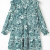 Plus Size Women's Green Floral Flounce Sleeve Split Neck Mini Dress - Image 8