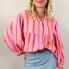 Women's Orange Stripe Crinkled Ruffled Sleeve Loose Button Up Shirt - Image 3