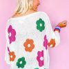 Women's Stylish White Floral Print Buttoned Loose Lightweight Sweater - Image 2