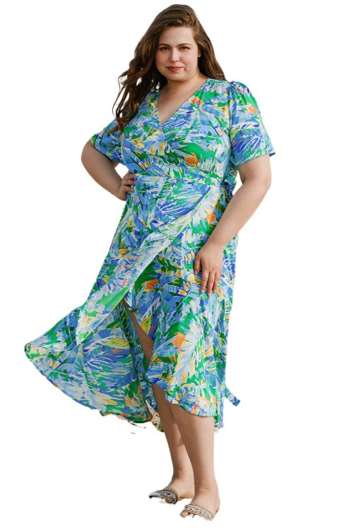 Plus Size Green Leaves Print Short Sleeve Surplice Neck Maxi Dress with Ruffled Trim