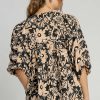 Women's Black Floral Shirred Yoke Boho Blouse with Bracelet Sleeves - Image 2