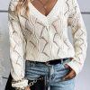 Women's Beige Hollow Out Knit Drop Shoulder V Neck Sweater - Image 2