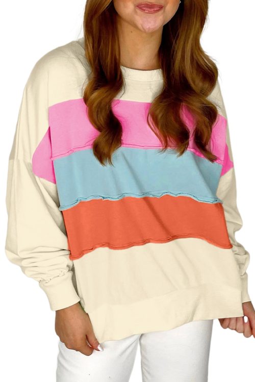 Women's White Colorblock Patchwork Crewneck Sweatshirt with Drop Shoulders