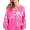 Women's Bright Pink Corded Flower Bow Casual Sweater with Puffed Sleeves - Image 15