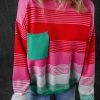 Women's Rose Striped Knit Drop Shoulder Sweater with Patch Pocket - Image 3