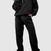 Women's Black Plain Half Zip V-Neck Ribbed Edge Loose Tracksuit - Image 2
