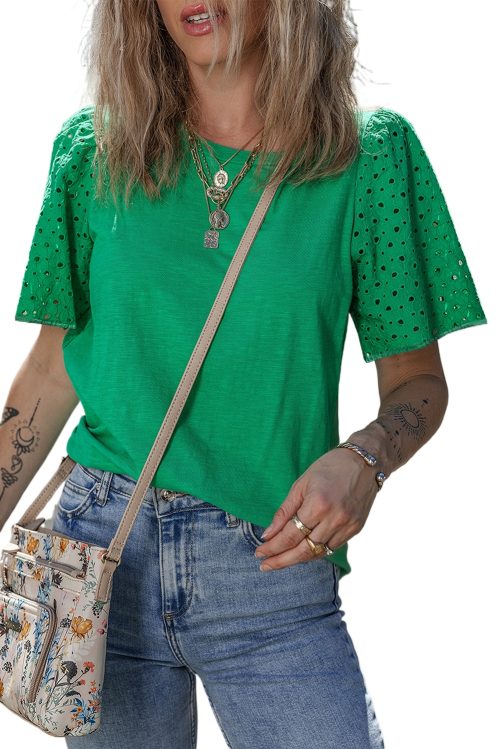 Bright Green Eyelet Embroidered Patchwork Shift Top for Women