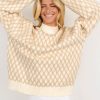 Women's Oatmeal Diamond Knit Drop Shoulder Loose Sweater - Casual Chic Style - Image 6