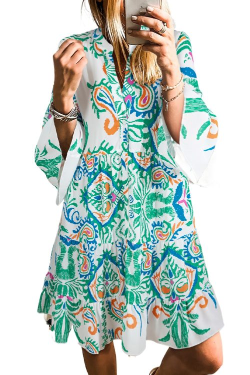 Women's Green Tribal Printed Mini Dress with Buttoned Flounce Sleeves