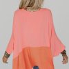 Women's Grapefruit Orange Contrast Color Patchwork Oversized Long Sleeve Top - Image 2