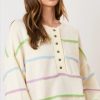 Women's White Rainbow Stripes Drop Shoulder Baggy Henley Sweater - Image 3