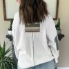 Women's White Striped Patchwork Exposed Seam Waffle Knit Long Sleeve Top - Image 3