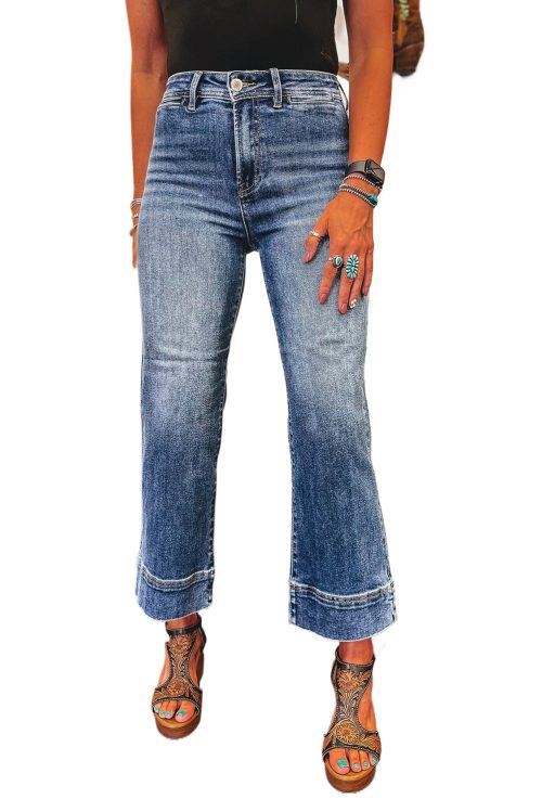 Women's Ashleigh Blue Mineral Wash High Waist Bell Bottom Crop Jeans for a Retro Look