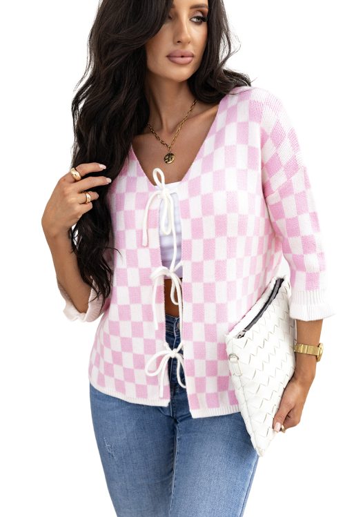 Women's Light Pink Checkered Knitted Lace-Up Ruffled 3/4 Sleeve Cardigan